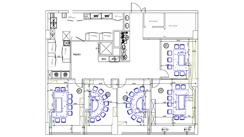 定制3臺(tái)長(zhǎng)方形，2臺(tái)半圓形設(shè)備，鐵板燒餐廳CAD設(shè)備布局圖